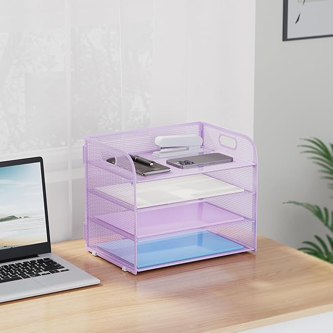 Marbrasse 2 Pack 4 Tier Paper Organizer Letter Tray - Mesh Desk File Organizer with Handle, Paper Sorter Organizer for Letter/A4 Office File Folder Holder (Purple, 12.6" x 9.1" x 10.7")