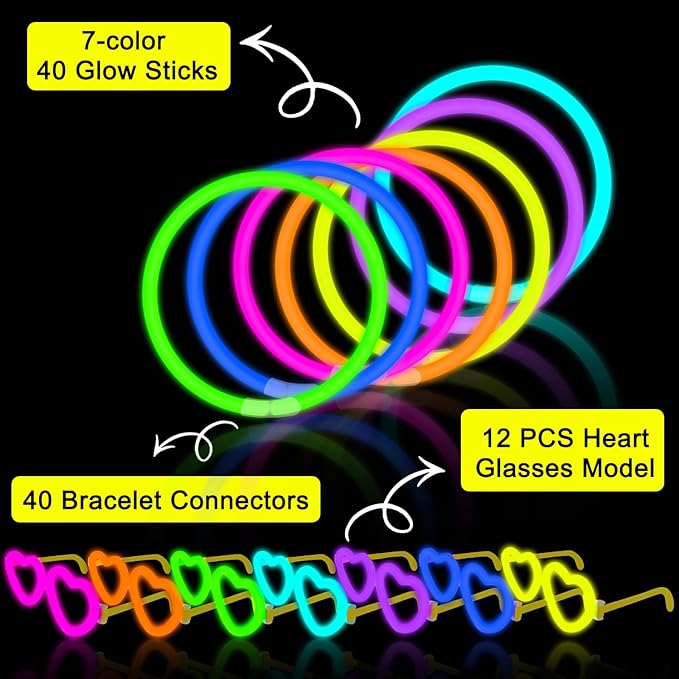 12 Pack Glow Heart Glasses Valentines Day Toys Gifts with 40 Glow Sticks & Connectors (for 12 Glow Glasses & 16 Bracelets), Neon Light Up Party Favor Supplies for Birthday Camping Dance (kids&Adults)
