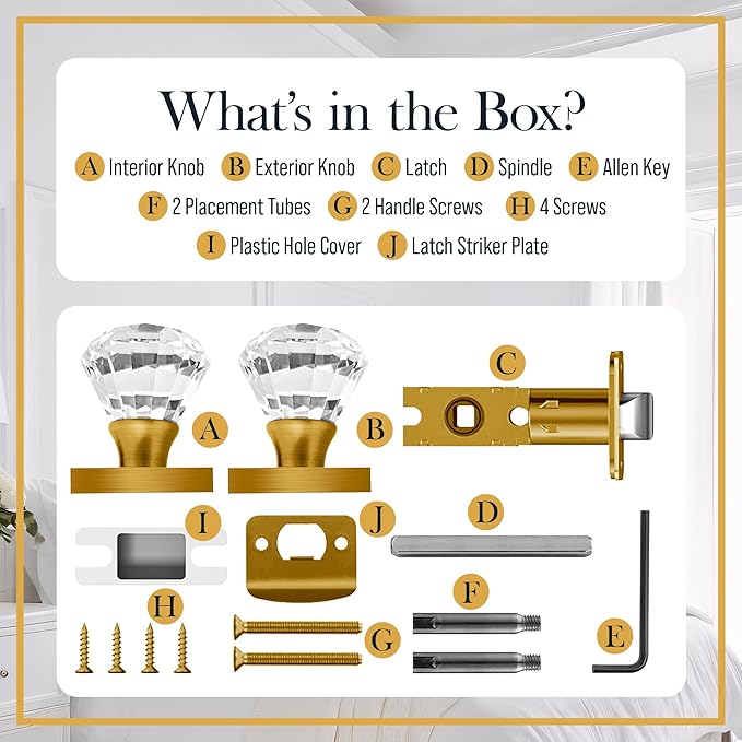 Antique Brass Crystal Door Knob, Square Base, Glass Door Knobs Interior Non-Locking Set, Brass Antique Decorative Vintage Style for Hallway, Closet, Passage Doors, 1 Pack