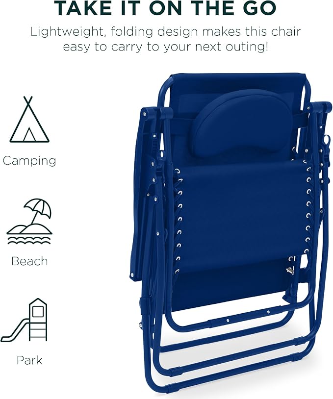 Best Choice Products Oversized Zero Gravity Chair, Folding Outdoor Patio Lounge Recliner w/Cup Holder Accessory Tray, Pillow - Marine