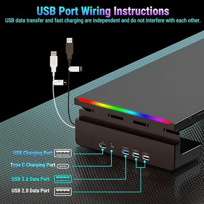 Yunseity Monitor Stand with 4 USB Ports, Height Adjustable Monitor Riser with Phone Charger, USB Ports Hub and Drawer Storage, RGB Lighting Desktop Organizer for Laptop TV Speaker
