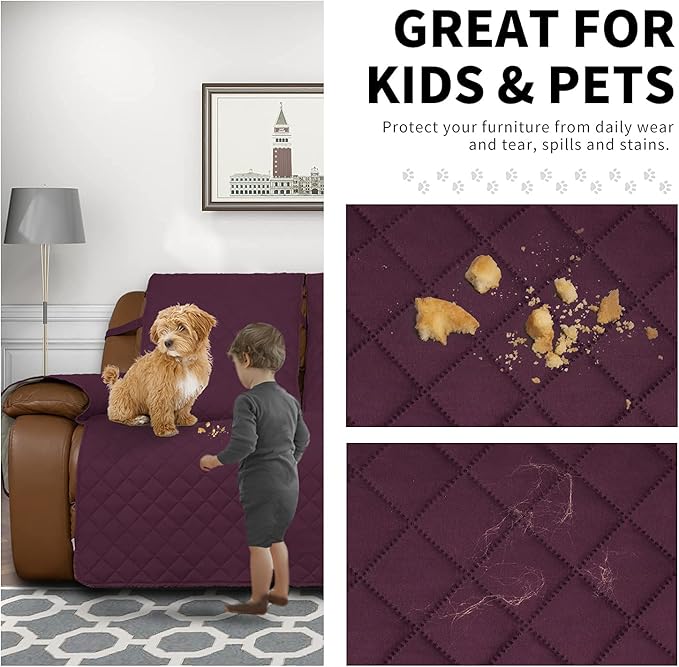 Easy-Going Recliner Sofa Cover, Reversible Couch Cover for Double Recliner, Split Sofa Cover for Each Seat, Furniture Protector with Elastic Straps for Kids, Dogs, Pets (2 Seater, Wine/Beige)