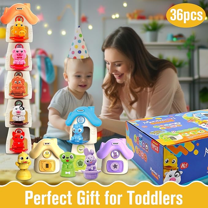 Montessori Learning Toys for Toddlers 1 2 3 Years Old, Farm Animals and Stacking Barn Set for Baby Boy Girl Birthday, Number Matching, Shape Sorting and Fine Motor Skills Games