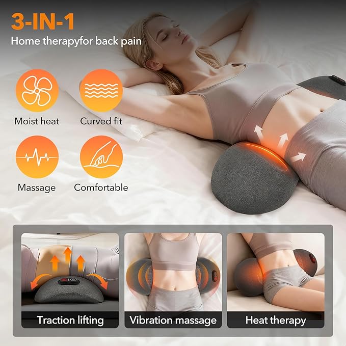 3 in 1 Electric Lumbar Massager Support Pillow, Back Massager with Heat, Adjustable Height for Bed and Chair,Back Support Pillow for Lower Back Pain Relief,Gifts for Women Men Mom Dad