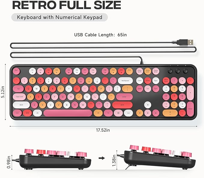 Computer Keyboard Wired, Plug and Play USB Retro Round Typewriter Keyboard, Full Size Wired Keyboard with Foldable Stands for Laptop and Office PC- Black Colorful