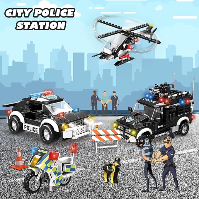 HOGOKIDS City Police Station Building Set - 1261 PCS Police Building Blocks Toys with Helicopter Motorcycle and 2 Cars, STEM Police Construction Playset for Kids Boys Girls Aged 8 9 10 11 12+