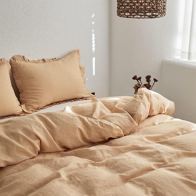 Simple&Opulence 100% Linen Duvet Cover Set, 3 PCS Natural French Flax Sand Ruffle Duvet Cover Full Size, Breathable Comfy Linen Bedding Comforter Cover with 2 Pillowcases (Sand, 78" X 86")