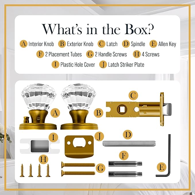 Gold Crystal Door Knobs with Lock, Glass Door Knobs Interior Privacy Set, Brass Vintage Decorative Antique Style Handle for Bedroom, Bathroom, Closet, 2 Pack