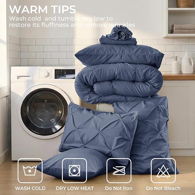 Sasttie Queen Comforter Set, 7-Piece Bed in a Bag, Pintuck Bedding Sets for All Season, Includes Comforter, Flat Sheet, Fitted Sheet, Pillowcases and Pillowshams, Indigo Blue