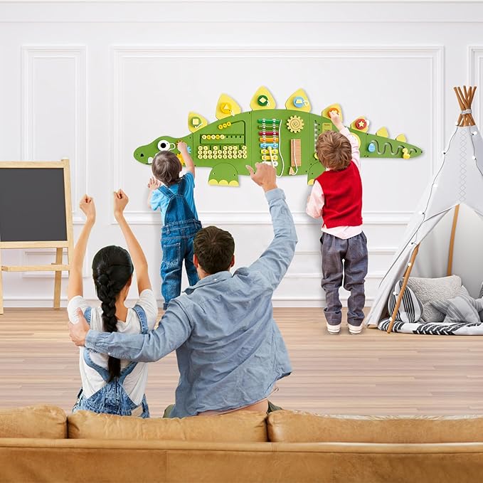 Beright Dinosaur Activity Wall Busy Board Panels, Montessori Sensory Toys, Toddler Learning Activity Center, Perfect for Toddler Playroom & Children's Daycare, Green