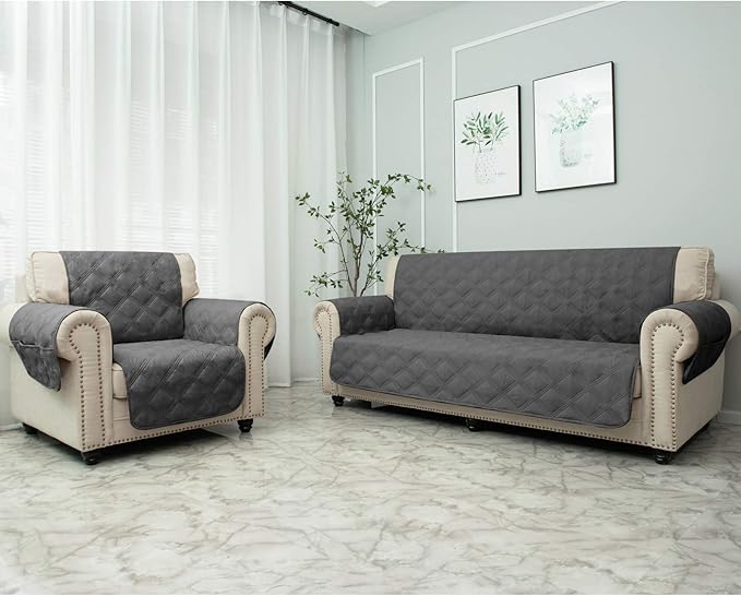 CHHKON Sofa Cover 100% Waterproof Non-Slip Quilted Furniture Protector Sofa Slipcover for Children, Pets for Leather Couch (Dark Grey, 68")