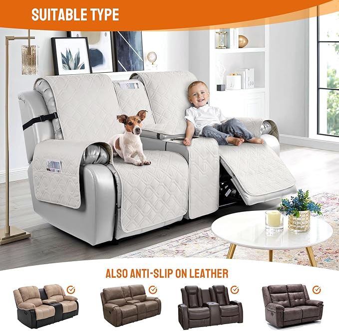 VANSOFY Loveseat Recliner Cover with Console 100% Waterproof Sofa Slipcovers Non-Slip Reclining Couch Cover Split Sofa Covers Furniture Protector for Pets, Dogs(Off White)