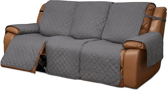 Easy-Going Oversized Recliner Sofa Cover, Reversible Couch Cover for 3 Seat Recliner, Split Sofa Cover for Each Seat with Elastic Straps for Kids, Dogs, Pets (3 Seater, Gray/Gray)