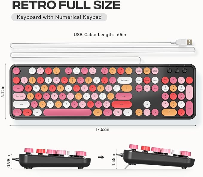 Wired Keyboard, 104 Keys Full-Sized Typewriter Keyboards, USB Plug and Play Office Keyboard with Number Pad, Caps Indicators for Windows 7 8 10, PC, Laptop, Desktop (Black Colorful)