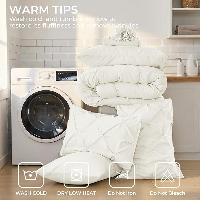 Sasttie Queen Comforter Set, 7-Piece Bed in a Bag, Pintuck Bedding Sets for All Season, Includes Comforter, Flat Sheet, Fitted Sheet, Pillowcases and Pillowshams, Ivory