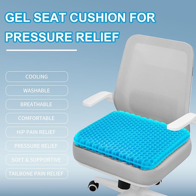 Gel Seat Cushion for Long Sitting - 16.5" x 14.5" x 2.4" (Extra Thick&Soft) Gel Cushion for People Over 185 lbs, Pressure Relief Cushion for Office Chair, Egg Cushions for Wheelchair, Gel Pad for Car