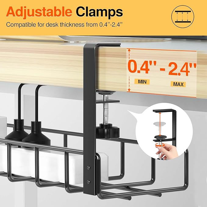 2 Pack Cable Management Under Desk Tray, 31.4" No Drill Under Desk Wire Management with Upgraded Clamp, Metal Cord Organizers for Desk with Cable Organizers, PC Cable Management Rack, Black