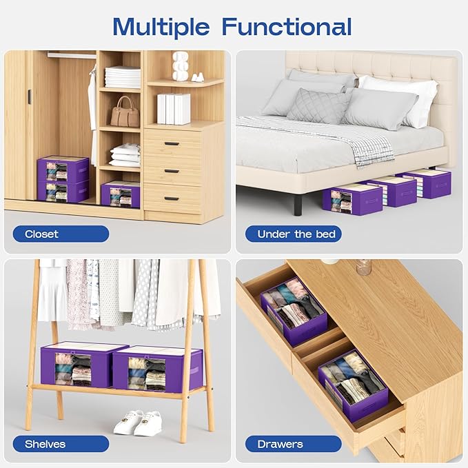 Clothes Storage Bags, Foldable Thick Fabric Blanket Storage Bags, Large Clear Window & Carry Handles, Great for Clothes, Blankets, Closets, Pillows, Toys (Purple, 4PACK)