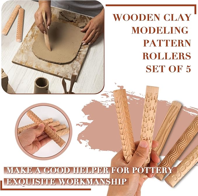 Set of 5 Wooden Handle Pottery Tools Clay Modeling Pattern Rollers Kit Brown (Set of 5)