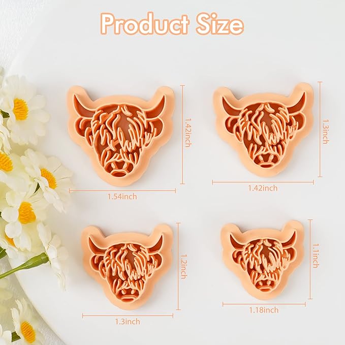 Puocaon Highland Cow Clay Cutters - 4 Pcs Clay Cutters for Polymer Clay Jewelry Making, Original Polymer Clay Jewelry Cutters, Animal Clay Earring Cutters, Scotland Cow Shape Clay Cutters Earrings