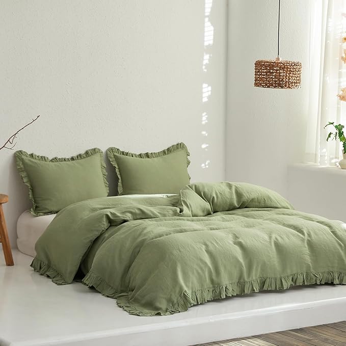 Simple&Opulence 100% Linen Duvet Cover Set, 3 PCS Natural French Flax Sage Green Ruffle Duvet Cover King Size, Breathable Comfy Linen Bedding Comforter Cover with 2 Pillowcases(Sage Green, 104" X 92")