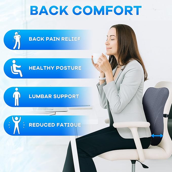 Gel-Infused Desk Chair Cushion & Memory Foam Lumbar Pillow for Sciatica Pain Relief,Breathable Mesh Cover with Non-Slip Base,Adjustable Straps and Portable Handle for Office Seat Cushion,Grey