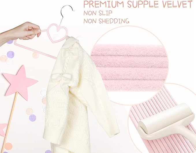 Kids Pink Velvet Clips Hangers - 13inch 50 Pack Baby Hanger with 20pcs Movable Clips, Stackable Non-Slip Heart Flocked Hangers Fit for Children and Toddler, Heavy-Duty and Space-Saving(Silver)