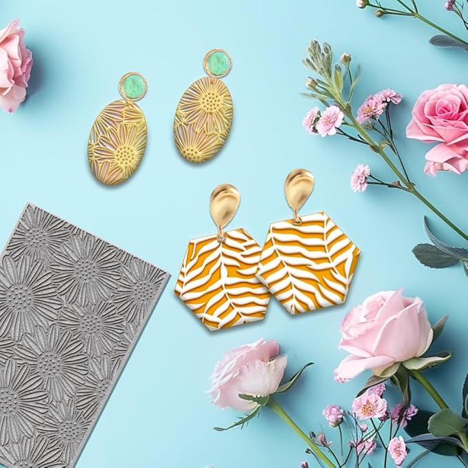 4PCS Polymer Clay Flowers Leaves Texture Sheets Set for Using with Clay Cutters Boho Clay Mat Effect as Clay Texture Roller Polymer Clay Tools Clay Earrings Texture Mats for Polymer Clay