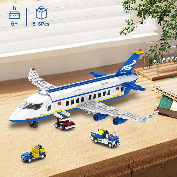 516 Pcs City Passenger Airplane Building Set, 6 IN1 Plane Building Blocks Toys, STEM Aircraft Bricks with Shuttle Bus, Baggage Truck,Airplanes Model Toys Gifts for Adults Boys Girls Age 6-12+