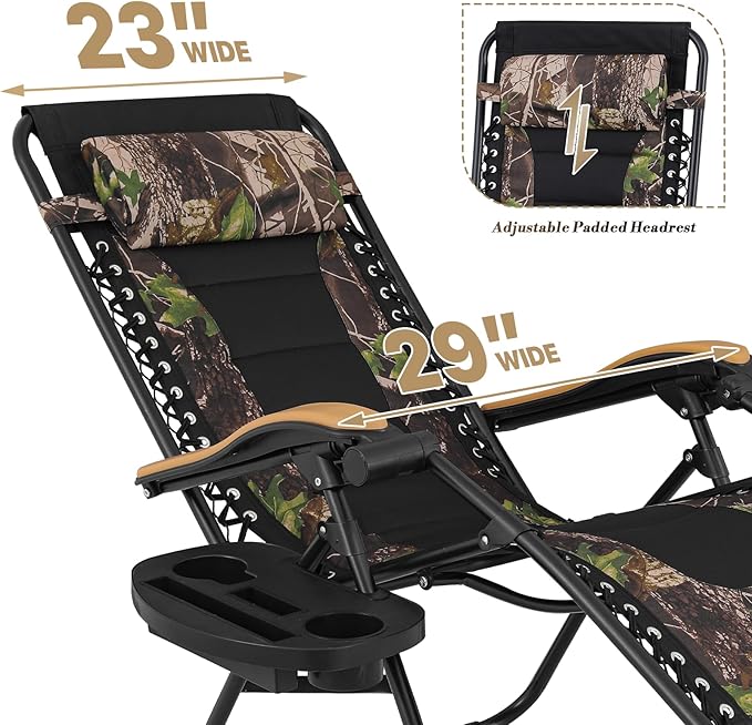 Athena Collection Zero Gravity Outdoor Lounge Chair Set of 2 with Cup Holder, 29" Width Pool Lounge Lawn Chairs Reclining, Outdoor Chaise for Beach Patio Backyard Outside, Jungle