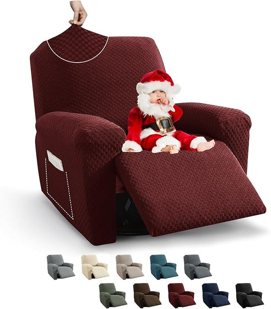 MAXIJIN Recliner Cover Slipcovers for Living Room 4 Pieces Stretch Jacquard Recliner Chair Cover Soft Fitted Recliner Protector with Elastic Bottom for Kids, Pets (Recliner, Wine Red)