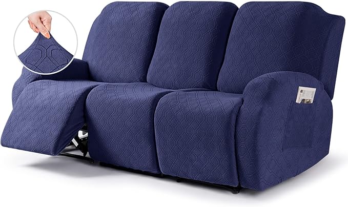 VANSOFY Recliner Cover, 3-Pieces Stretch Reclining Couch Covers with Pockets Reclining Sofa Slipcovers 3 Seater Soft Washable Furniture Protector for Dogs Cats(Navy Blue)