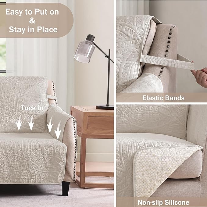 Quilted Beige Sofa Slipcovers with Pockets, Anti-Slip Medallion Couch Covers for 3 Cushion Sofa, Couch Cover for Dogs Cats Water-Repellent Machine Washable (Large Sofa 68", Beige Cream)