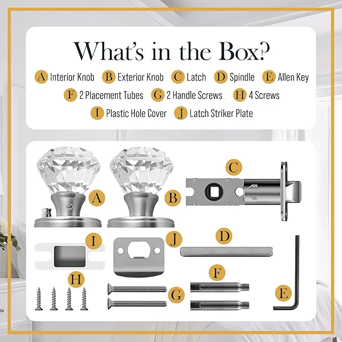 Silver Crystal Door Knob with Lock, Glass Door Knobs Interior Privacy Set, Vintage Decorative Antique Style Handle for Bedroom, Bathroom, Closet, 1 Pack