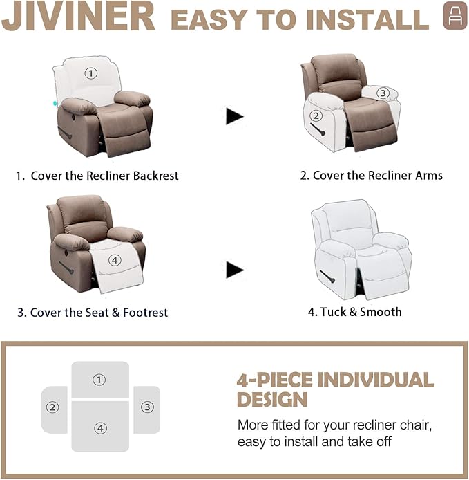 JIVINER Stretch Recliner Chair Covers 4 Piece Recliner Cover with Side Pocket Jacquard Reclining Sofa Slipcovers Soft Recliner Protector with Elastic Bottom (Recliner, Light Gray)