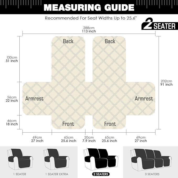 TAOCOCO Waterproof Recliner Loveseat Cover Non-Slip Sofa Slipcover, Pet Couch Cover for Loveseat Recliner with Straps, Washable Reclining Loveseat Cover Furniture Protector (2 Seater, Black)