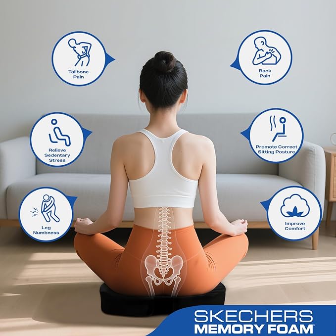 Skechers Seat Cushion, Ergonomic Memory Foam Cushion for Long Sitting Hours on Office & Home Chair, Car Seat Cushion for Sciatica, Coccyx Cushion,Black