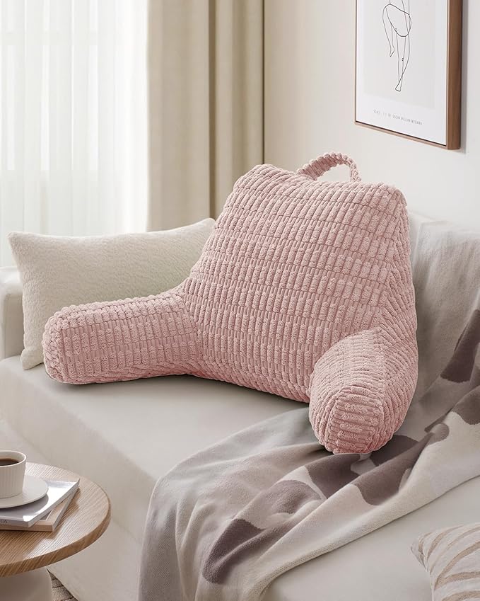 Blissful Diary Reading Pillow, Large Backrest Pillow with Shredded Memory Foam for Adult & Children, Designed for Bed and Couch Sitting Up, Includes Arms, Pockets and Washable Cover, Pale Pink