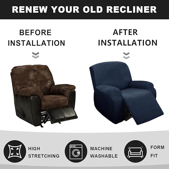 Stretch Jacquard Recliner Sofa Covers 3 Seat Soft Recliner Chair Covers Sofa Slipcover with Pocket and Elastic Bottom Furniture Protector for Kid,Pets(Checks,Navy Blue)