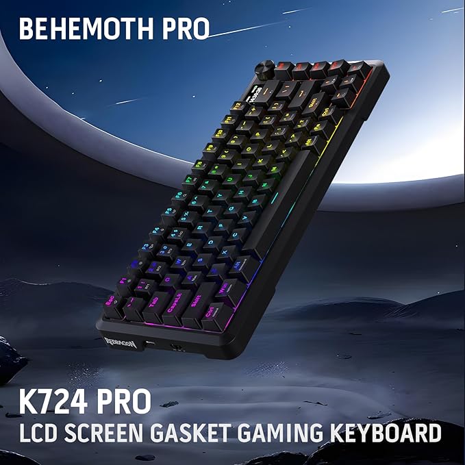 Redragon K724 PRO Wireless Gasket Gaming Keyboard w/Hype Screen & Knob, 81-Key Mechanical Keyboard, Easy-Control 1.14’’ TFT Info Display, 5-Layer Noise Dampening, Custom Linear Switch