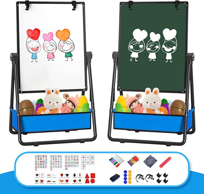 Kids Easel Double-Sided Art Easel with Paper Clip Height Adjustable Whiteboard & Chalkboard 360°Rotating Standing Art Easel for Kids Gift for Boys and Girls Toys for Ages 2-4