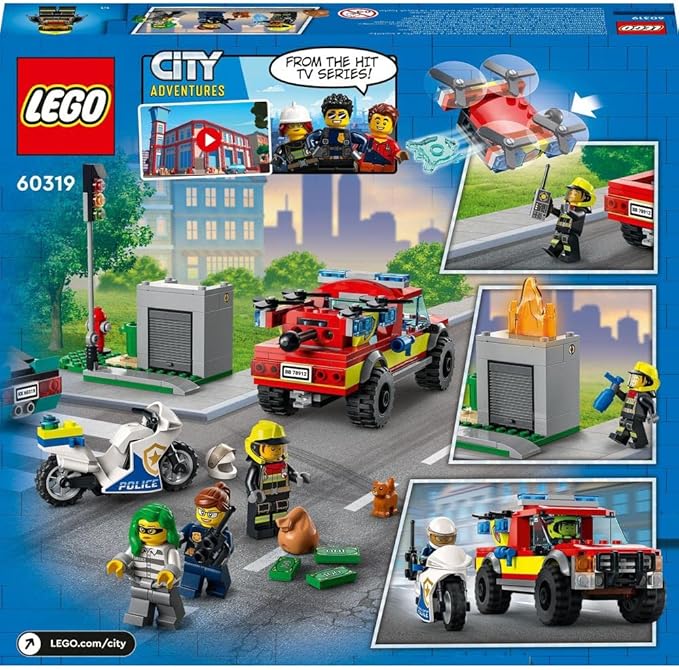 LEGO 60319 City Fire Rescue and Police Chase with Truck, Car & Motorcycle, Toy for Kids 5+ Years