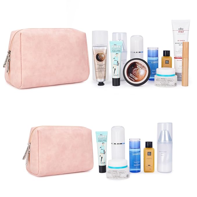 2 Pack Vegan Leather Makeup Bag Zipper Pouch Travel Cosmetic Organizer for Women (Large (Pack of 2), Orange Pink)