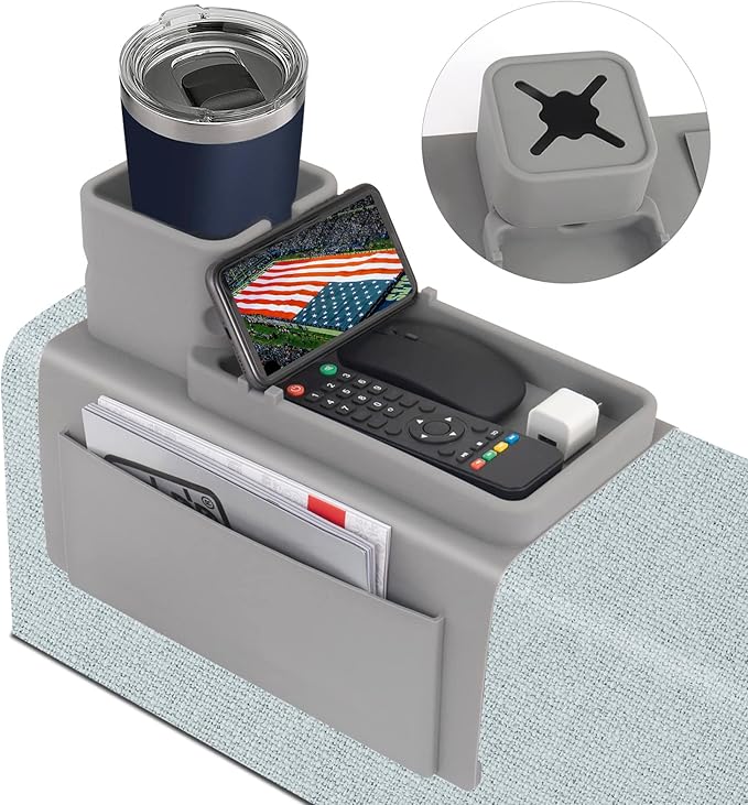 Silicone Couch Cup Holder, VIENFUT Anti-Spill and Anti-Slip Sofa Armrest Tray, Dirt-Resistant Silicone Couch Arm Tray for Remote, Snacks, Cellphone and iPad, Gift for Family, Friend (Gray)