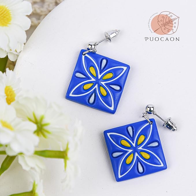 Puocaon Porcelain Tile Clay Cutters - 8 Pcs Terracotta Tiles Clay Cutters for Polymer Clay Earrings Making, Portuguese Tiles Pattern Clay Jewelry Cutters, Embossed Pattern Polymer Clay Cutters Set