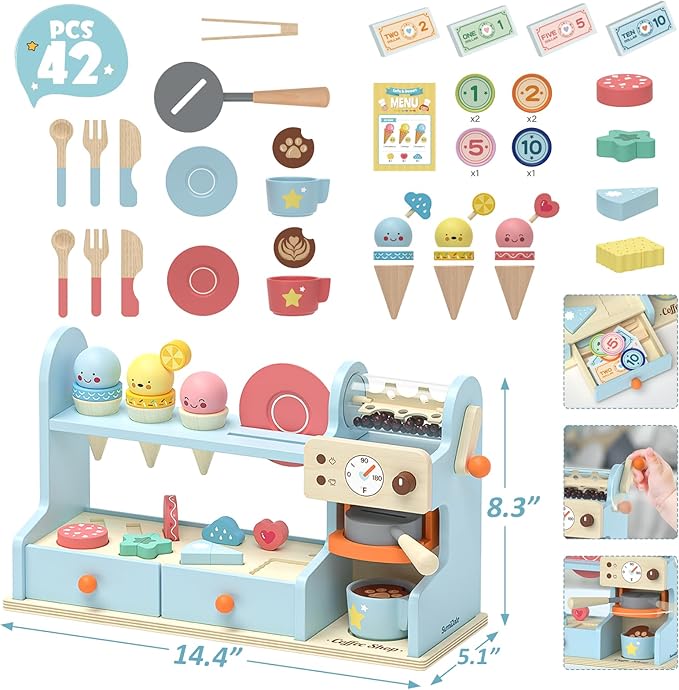 42PCS Wooden Kids Coffee Maker Toy Play Set 3 in 1 Ice Cream Dessert Maker Playset Toy,Pretend Play Food Kitchen Accessories,Montessori Shape Sorter Toy for Girl and Boy