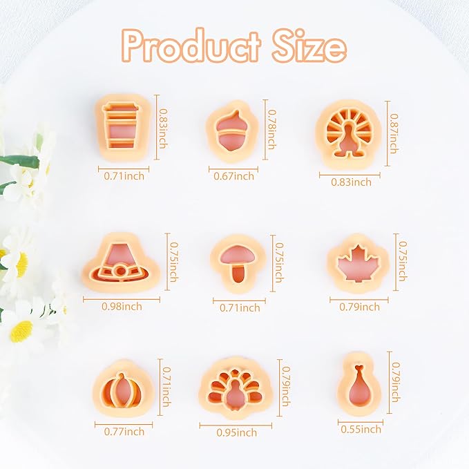 Puocaon Thanksgiving Polymer Clay Cutters - Fall Polymer Clay Cutters Earrings Studs Making, 9 Pcs Mini Clay Cutters Pumpkin Chicken Acorn Clay Cutters, Coffee Cup Clay Cutters Mushroom Maple Shape