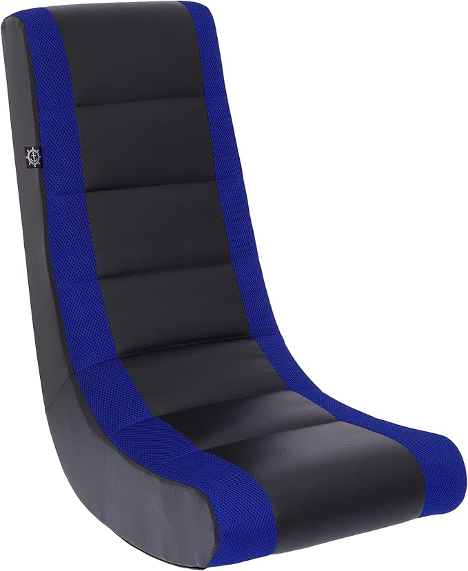 The Crew Furniture Classic Video Rocker Floor Gaming Chair, Kids and Teens, Racing Stripe PU Faux Leather & Polyester Mesh, Black/Blue