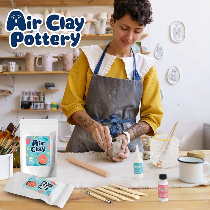 HEJIN Air Dry Clay Kit for Adults, 3.3Lbs Pottery Craft Kit for Beginners, Sculpting Tools Set & Step-by-Step Guide, 12 Paints, Paintbrush, Varnish, Sponge - Crafts for Adults for Birthdays Gift