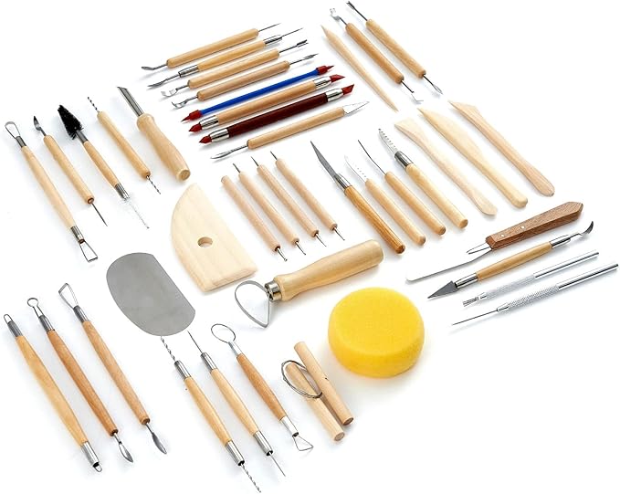 TEMONTIAN Pottery Tool Kit,Clay Sculpting Tools,43 Pcs Double Sided Pottery Wheel Tools for Adults,Pottery Carving Tools,Pottery Kiln Tools at Home,Ceramics Tools Set with Carrying Case Bag and Apron